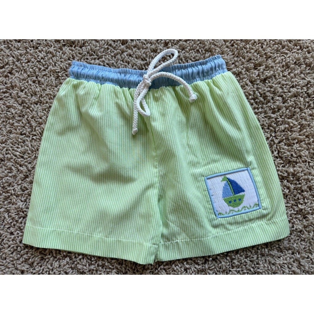 Sage & Lilly Boys 9 Months Smocked Swim Shorts Sailboat Lined